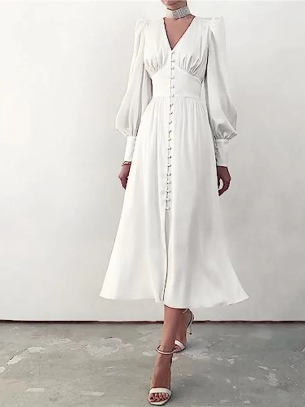 🆕 Women's V Neck Puff Sleeve Satin Maxi Dress Long Lantern Sleeve Button Down - Picture 2 of 4